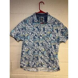 Stitches & Rivets Mens Medium Blue Tropical Leaf Print Short Sleeve Button Down